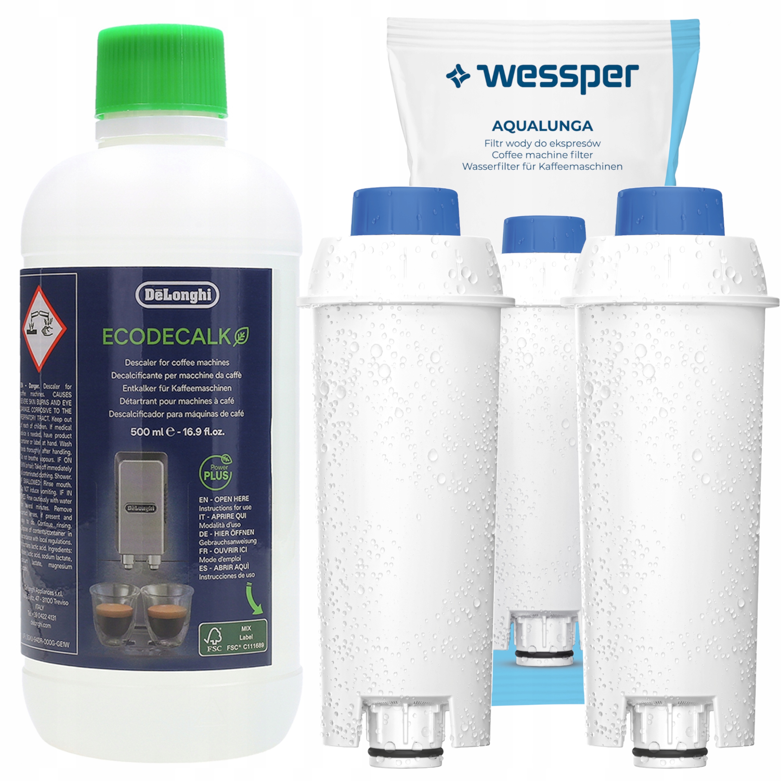 Tekutý odstraňovač vodného kameňa pre kávovary De'Longhi EcoDecalk 0,5 l + 2× filtračná vložka Wessper AquaLunga WES039 1 ks.